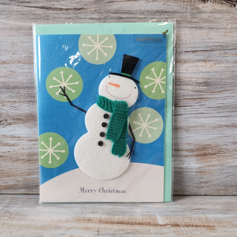 Papyrus Merry Christmas Greeting Card Felt Snowman Green Scarf 07086610